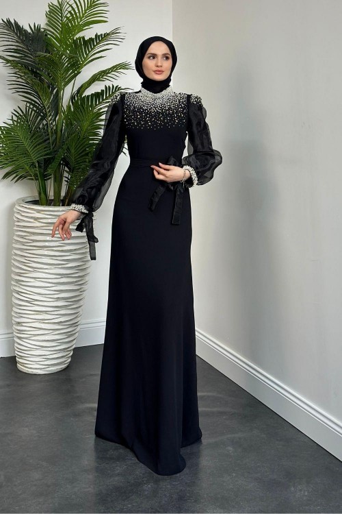Nina İnci İşlemeli Krep Abiye Siyah(kemersizdir)