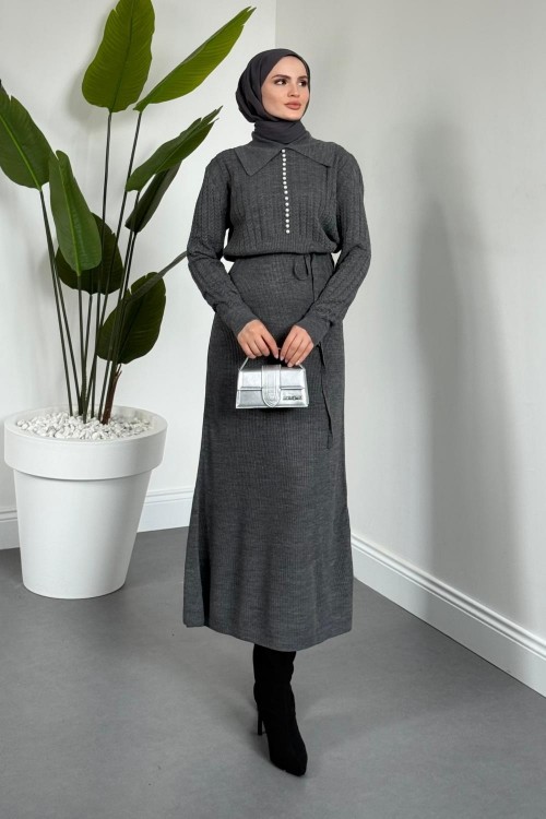 Niosette İnci Düğme Örgülü Triko Elbise Füme