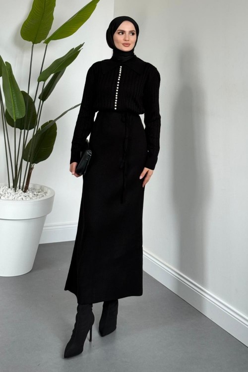 Niosette İnci Düğme Örgülü Triko Elbise Siyah