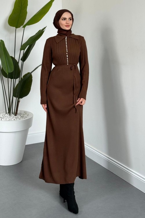 Niosette İnci Düğme Örgülü Triko Elbise Kahverengi