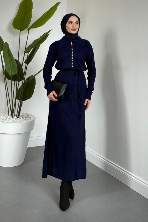 Niosette İnci Düğme Örgülü Triko Elbise Lacivert
