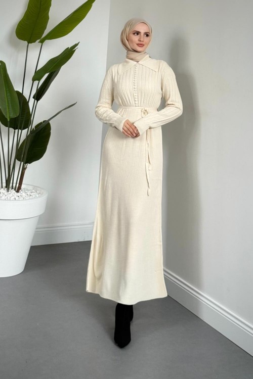Niosette İnci Düğme Örgülü Triko Elbise Krem