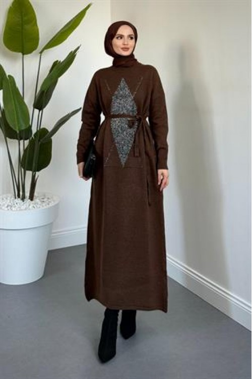 Nobile Yıldız Simli Triko Elbise Kahverengi