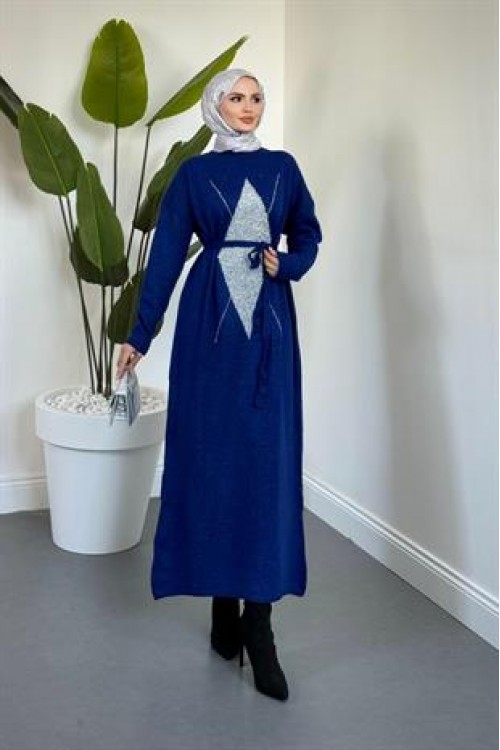 Nobile Yıldız Simli Triko Elbise Sax