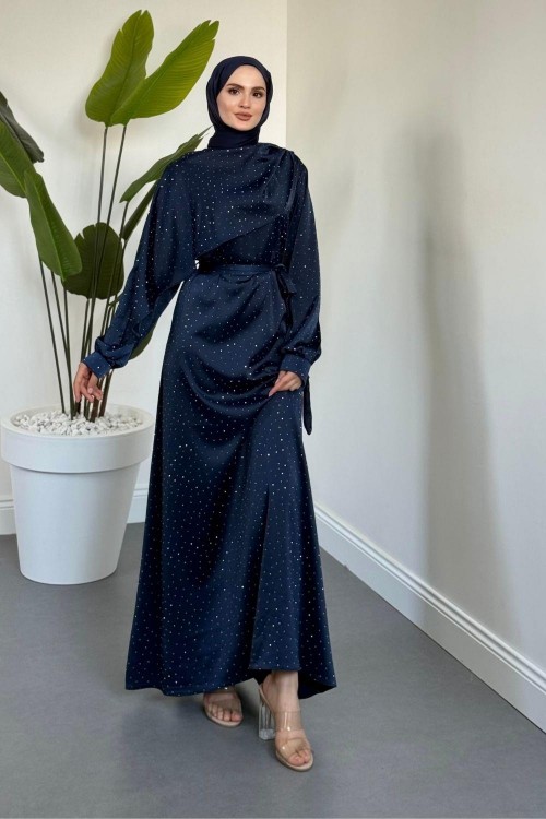 Noelle Taşlı Tek Omzu Pelerinli Abiye Lacivert