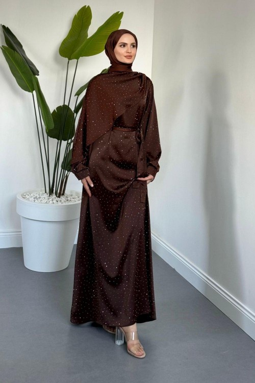 Noelle Taşlı Tek Omzu Pelerinli Abiye Kahverengi