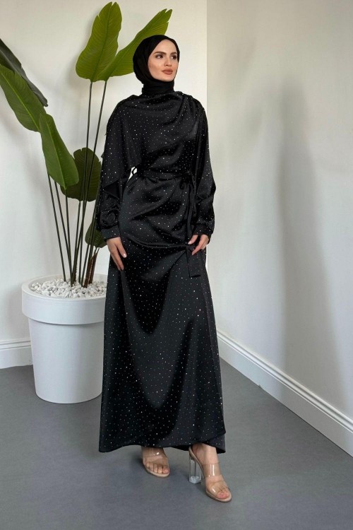 Noelle Taşlı Tek Omzu Pelerinli Abiye Siyah