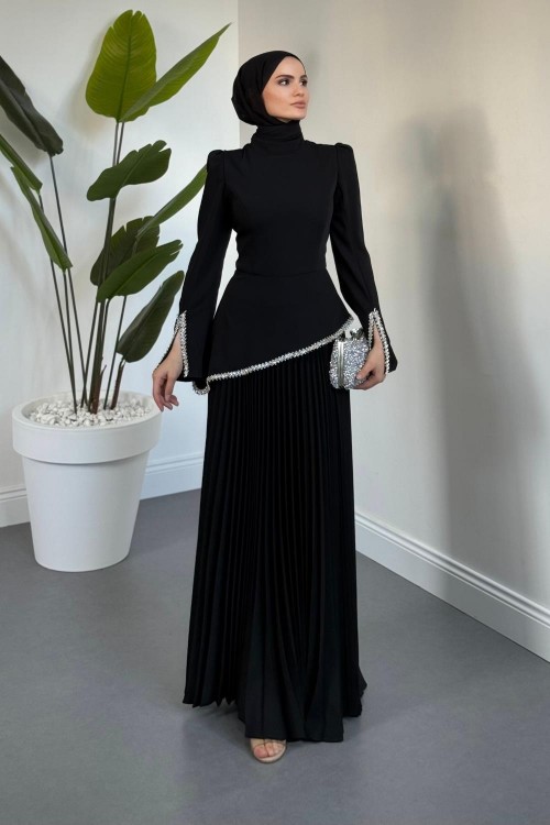 Noirelle Altı Pliseli Asimetrik Kesim Abiye Siyah