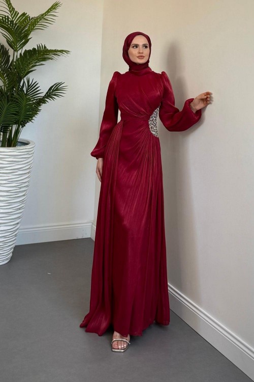 Nola Yanı Taşlı Jan Jan Abiye Bordo