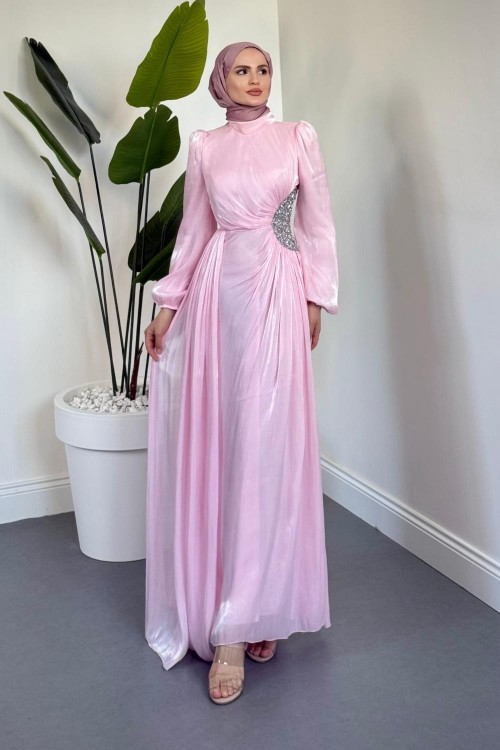 Nola Yanı Taşlı Jan Jan Abiye Şeker Pembesi