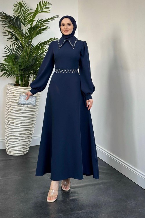 Nomi Yakası Taşlı Mevlana Kesim Abiye Lacivert