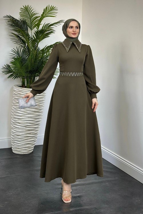 Nomi Yakası Taşlı Mevlana Kesim Abiye Kına Yeşili