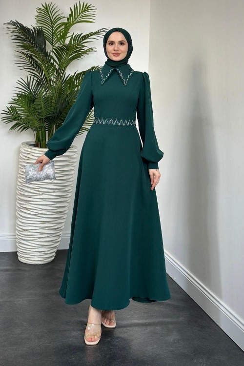 Nomi Yakası Taşlı Mevlana Kesim Abiye Zümrüt