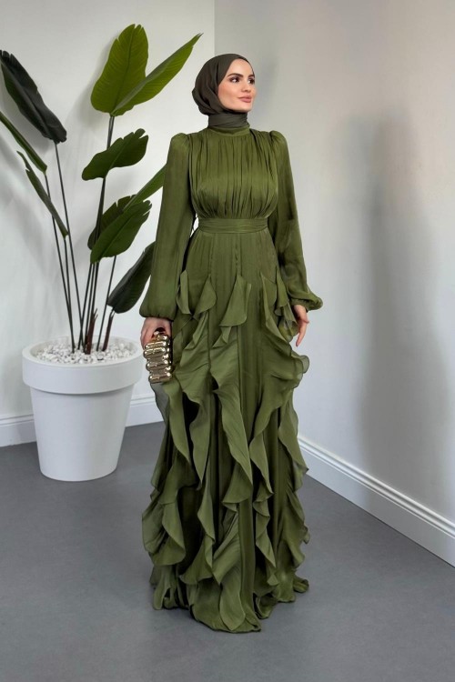 Noveline Eteği Fırfırlı Jan Jan Abiye Haki