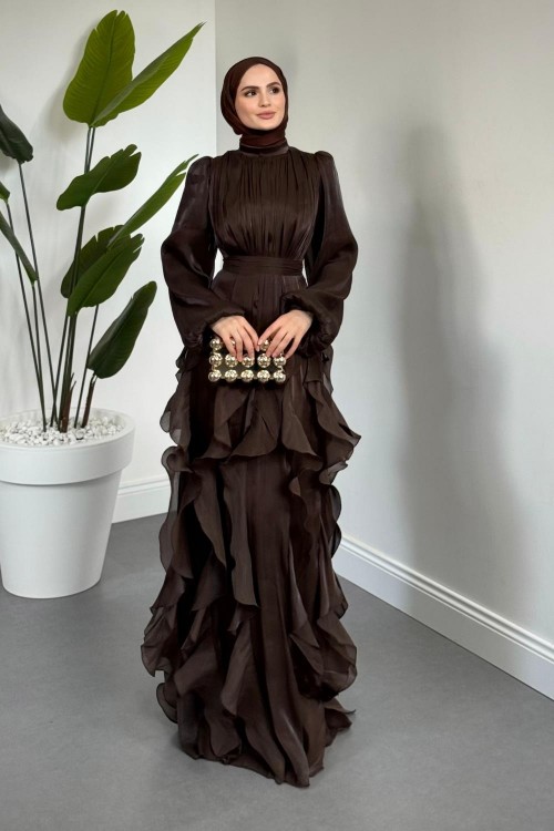 Noveline Eteği Fırfırlı Jan Jan Abiye Acı Kahve