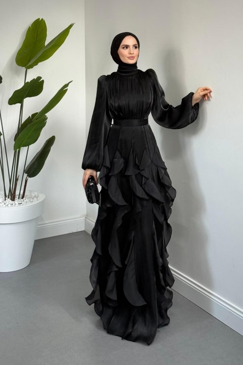 Noveline Eteği Fırfırlı Jan Jan Abiye Siyah