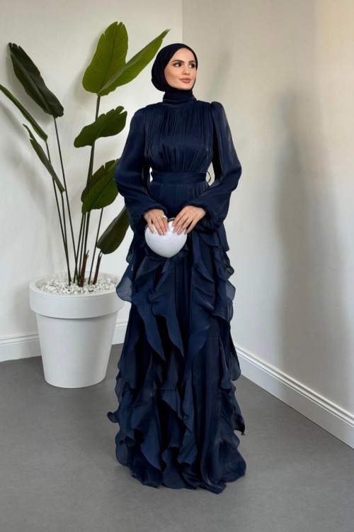 Noveline Eteği Fırfırlı Jan Jan Abiye Lacivert