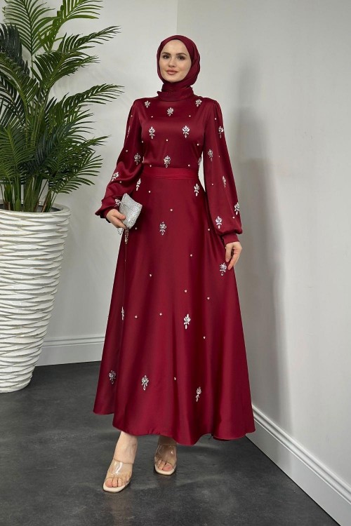 Novella Taşlı Saten Abiye Bordo