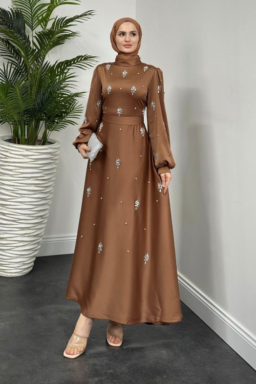 Novella Taşlı Saten Abiye Kahverengi
