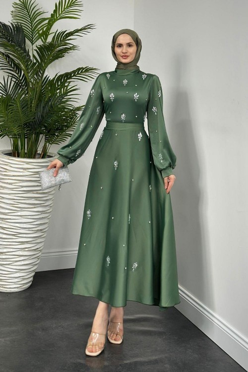 Novella Taşlı Saten Abiye Mint