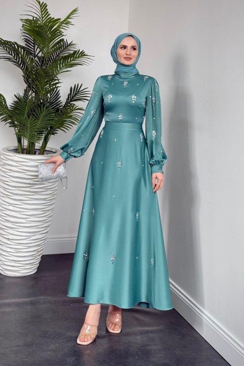 Novella Taşlı Saten Abiye Su Yeşili