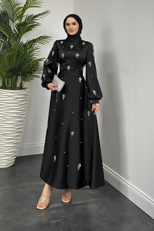 Novella Taşlı Saten Abiye Siyah