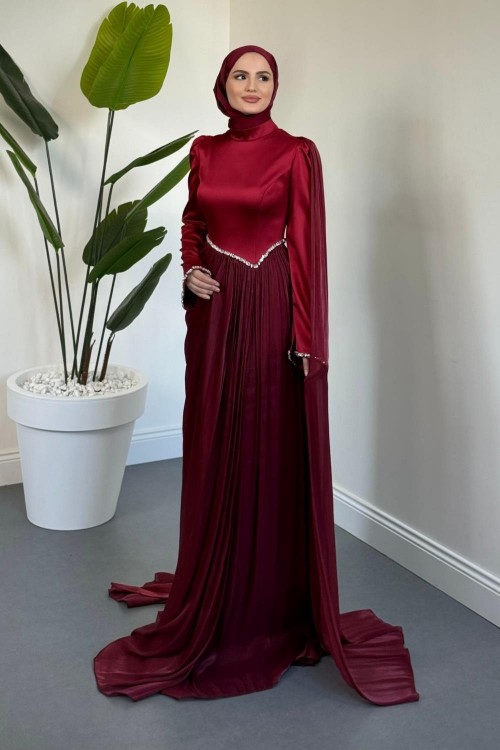 Nuvell Beli Ve Kol Ucu Taşlı Abiye Bordo