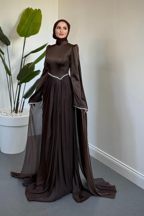 Nuvell Beli Ve Kol Ucu Taşlı Abiye Kahverengi