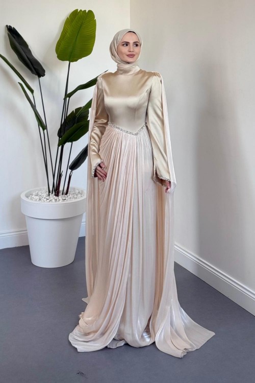 Nuvell Beli Ve Kol Ucu Taşlı Abiye Krem