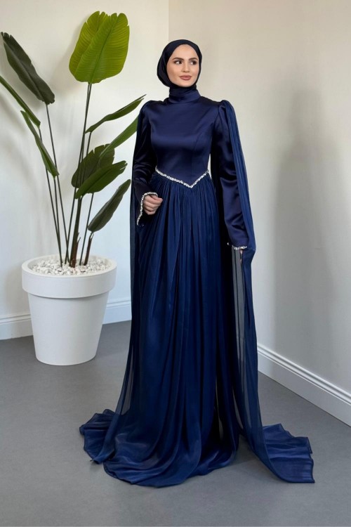 Nuvell Beli Ve Kol Ucu Taşlı Abiye Lacivert