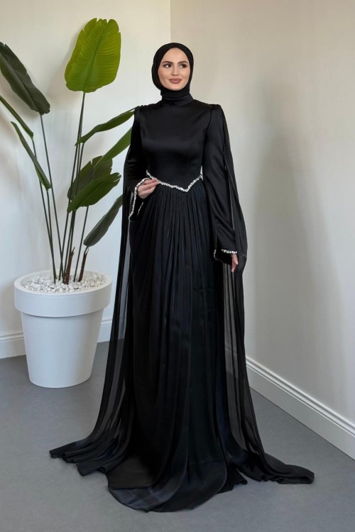 Nuvell Beli Ve Kol Ucu Taşlı Abiye Siyah