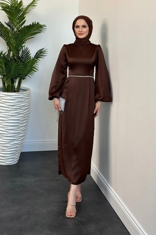 Nuvola Beli Taşlı Kalem Abiye Koyu Kahverengi