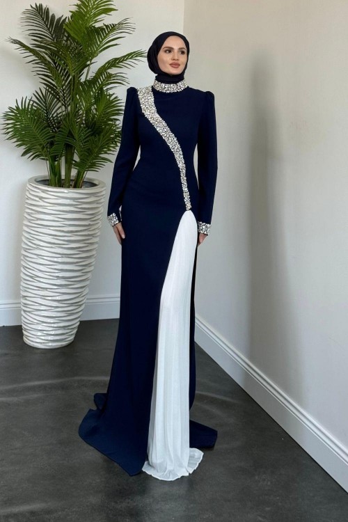 Octavia Yandan Yırtmaçlı Abiye Lacivert