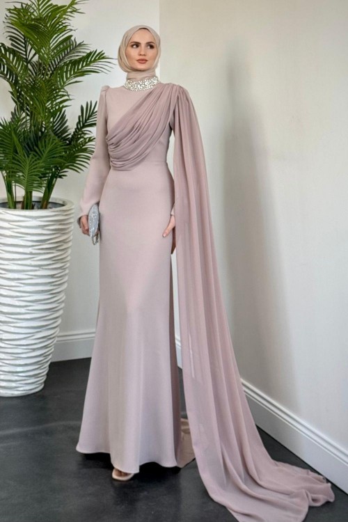 Olara Yandan Pelerinli Abiye Bej