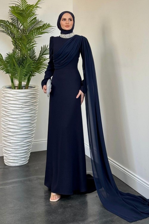 Olara Yandan Pelerinli Abiye Lacivert