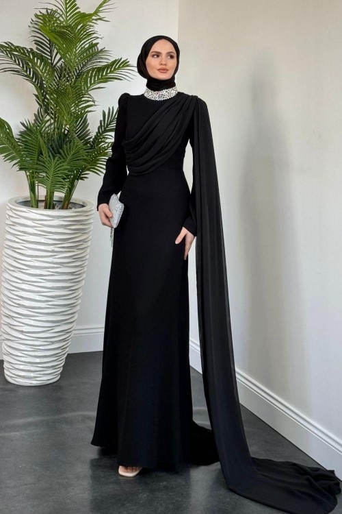 Olara Yandan Pelerinli Abiye Siyah 