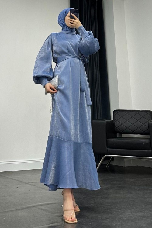 Olina Balon Kol Elbise Bebe Mavisi