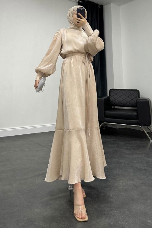 Olina Balon Kol Elbise Krem