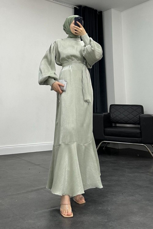 Olina Balon Kol Elbise Mint Yeşili