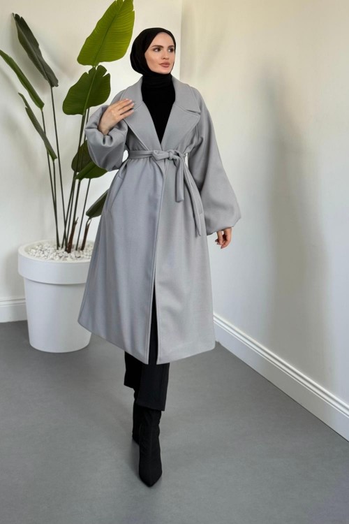 Olinn Astarlı Balon Kol Kaşe Kaban Gri