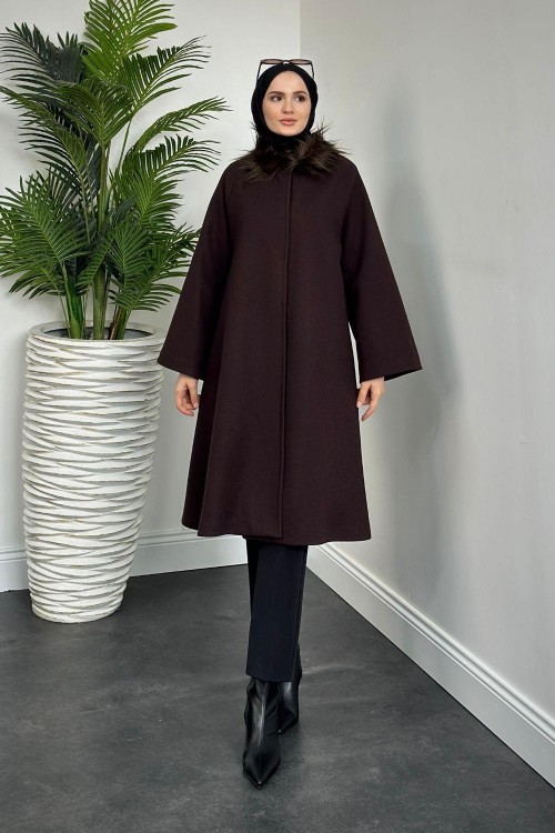 Oliwer Yakası Kürklü Astarlı Kaşe Kaban Kahverengi