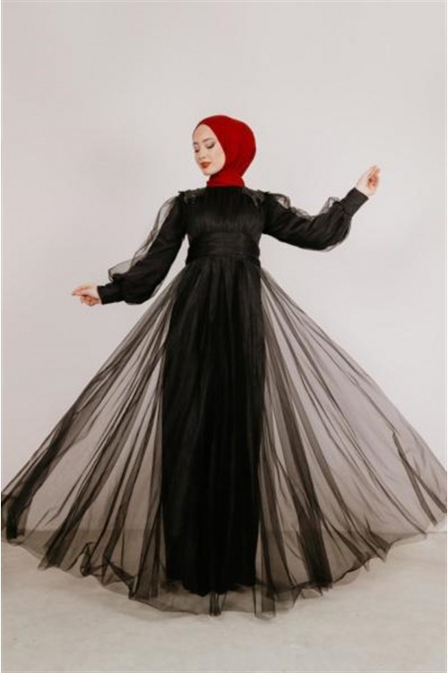 Omuzları Çiçekli Uzun Tül Elbise Siyah