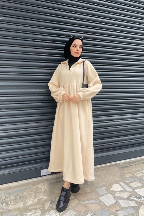 Önden Düğmeli Üç İplik Elbise Bej