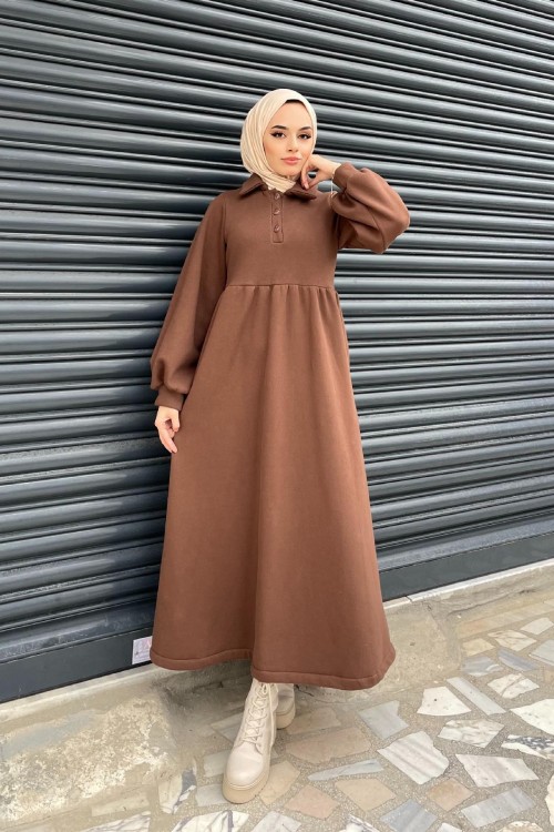 Önden Düğmeli Üç İplik Elbise Kahverengi