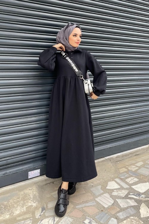 Önden Düğmeli Üç İplik Elbise Siyah