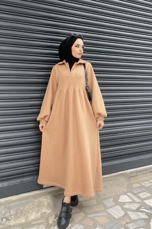 Önden Düğmeli Üç İplik Elbise SütlüKahve