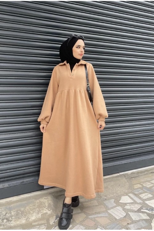 Önden Düğmeli Üç İplik Elbise SütlüKahve