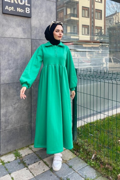 Önden Düğmeli Üç İplik Elbise Yeşil