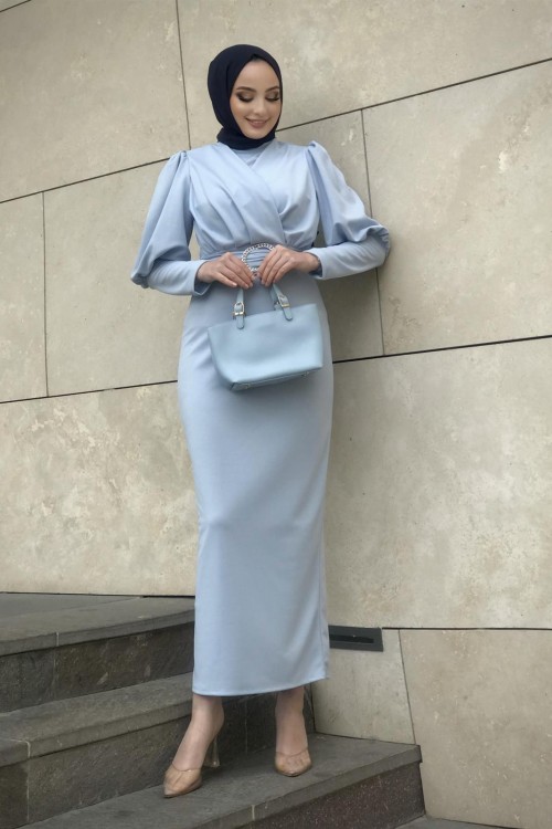 Önü Çapraz Kemerli Elbise Bebe Mavisi