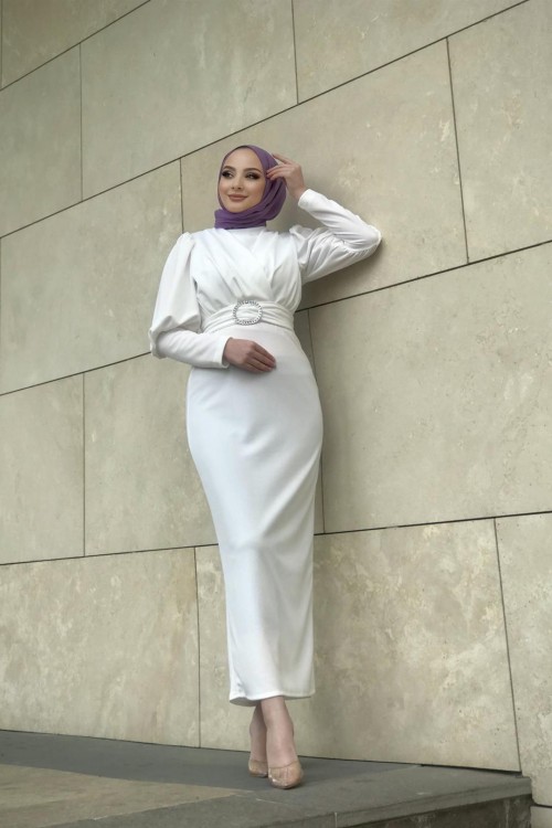 Önü Çapraz Kemerli Elbise Beyaz